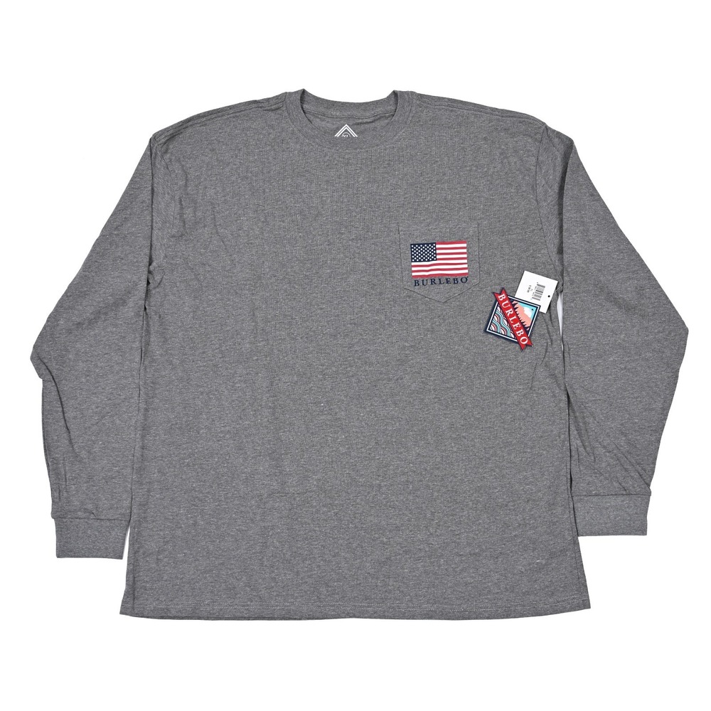 Burlebo Shirt Mens XL Gray Long Sleeve Pocket Reagan JFK USA Flag Tee Casual NWT
